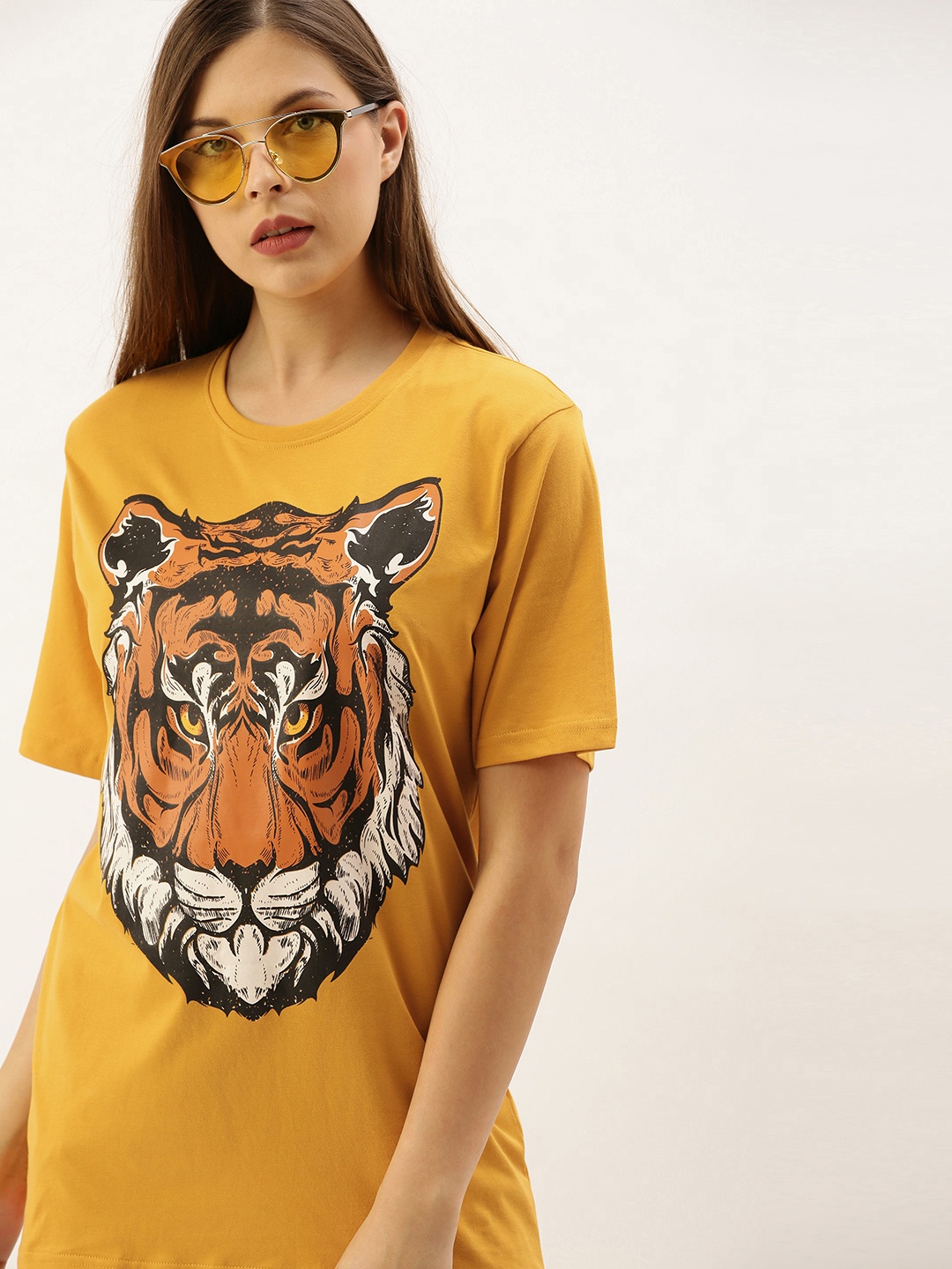 

DILLINGER Women Mustard Yellow Printed Round Neck Oversized Pure Cotton T-shirt