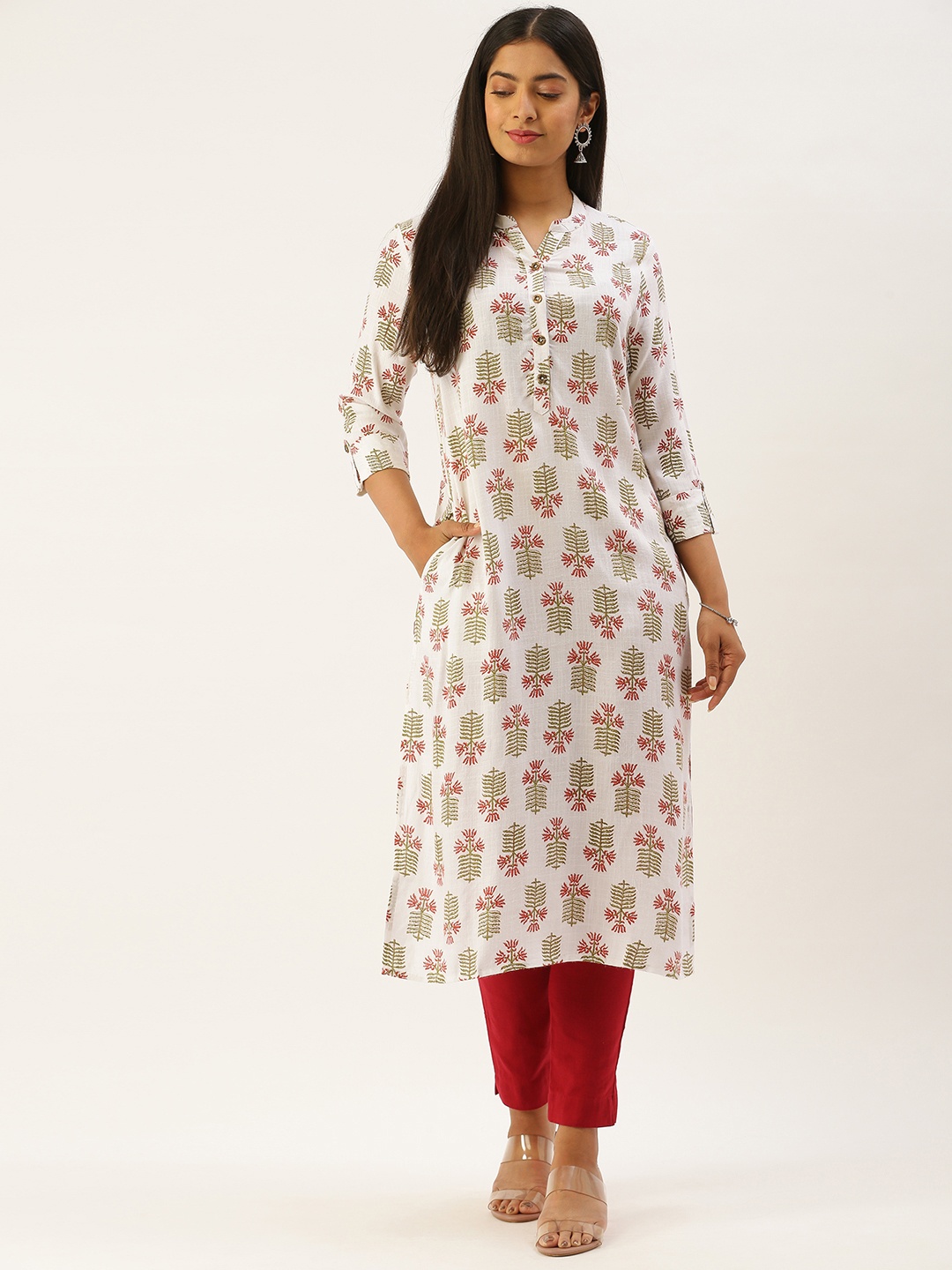 

AMUKTI White & Green Ethnic Motifs Print Kurta