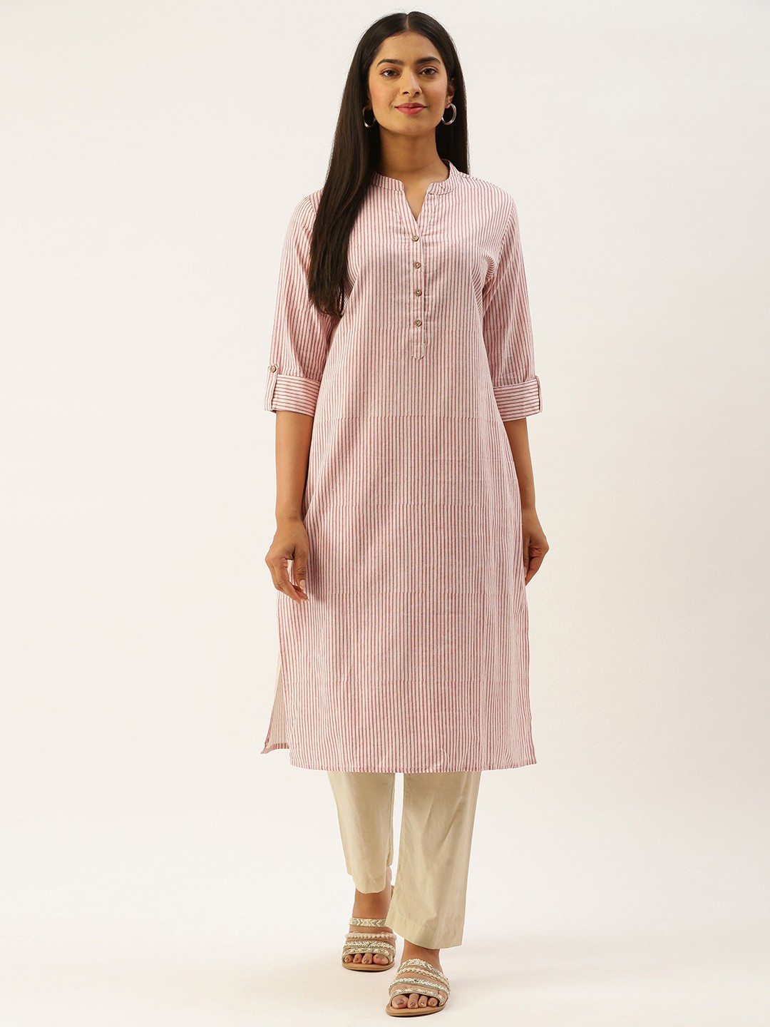 

AMUKTI Pink & White Striped Straight Kurta