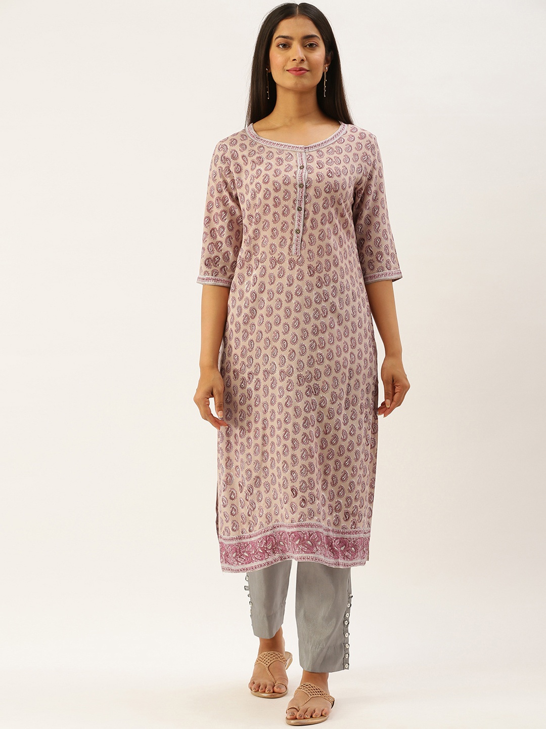 

AMUKTI Beige & Mauve hand Block Paisley Print Straight Kurta