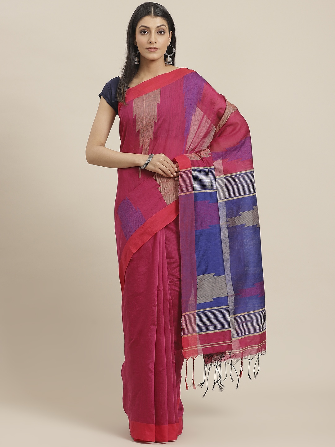 

swatika Pink & Blue Woven Design Handloom Murshidabad silk Saree