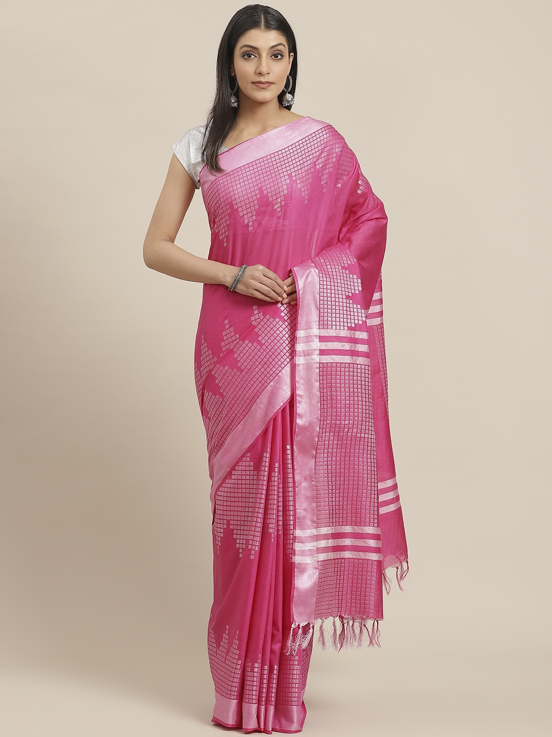 

swatika Pink & Silver Woven Design Handloom Bhagalpuri Saree