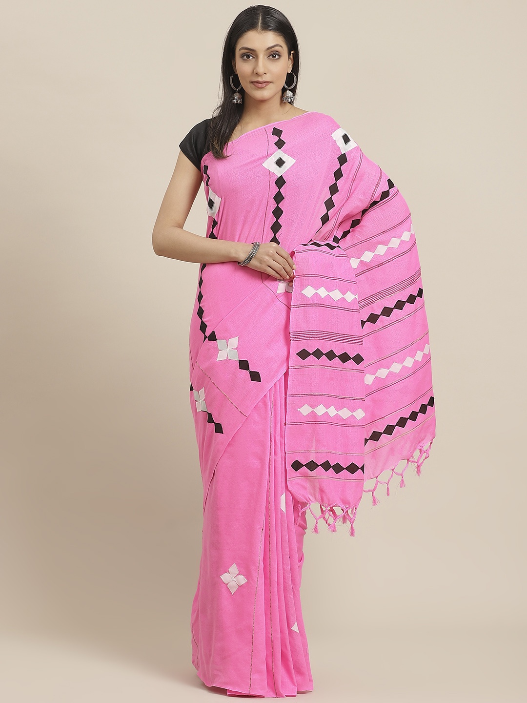 

swatika Pink & Black Woven Design Handloom Saree