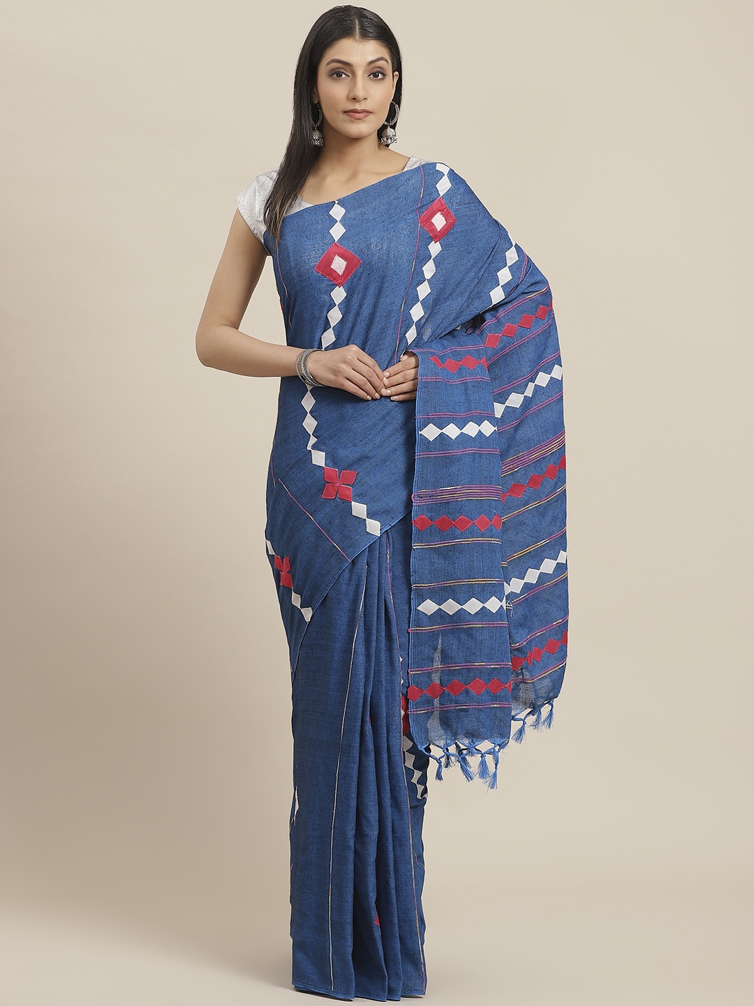 

swatika Blue & Pink Cotton Handloom Applique Detail Saree