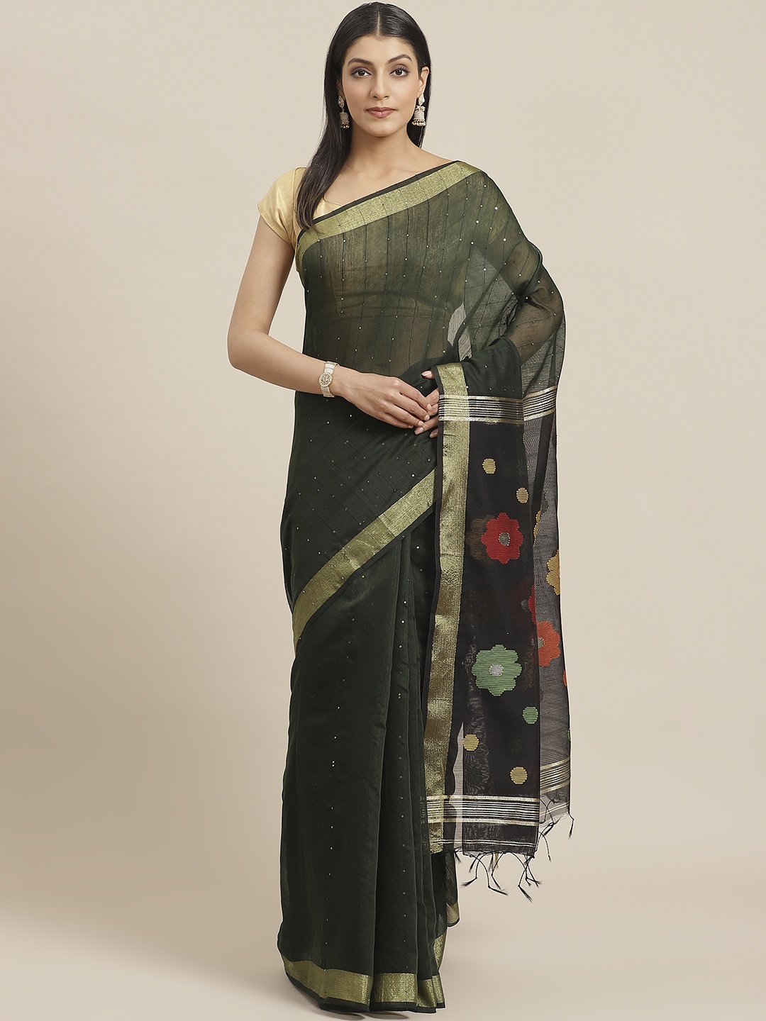 

swatika Black & Green Woven Design Murshidabad silk Handloom Saree