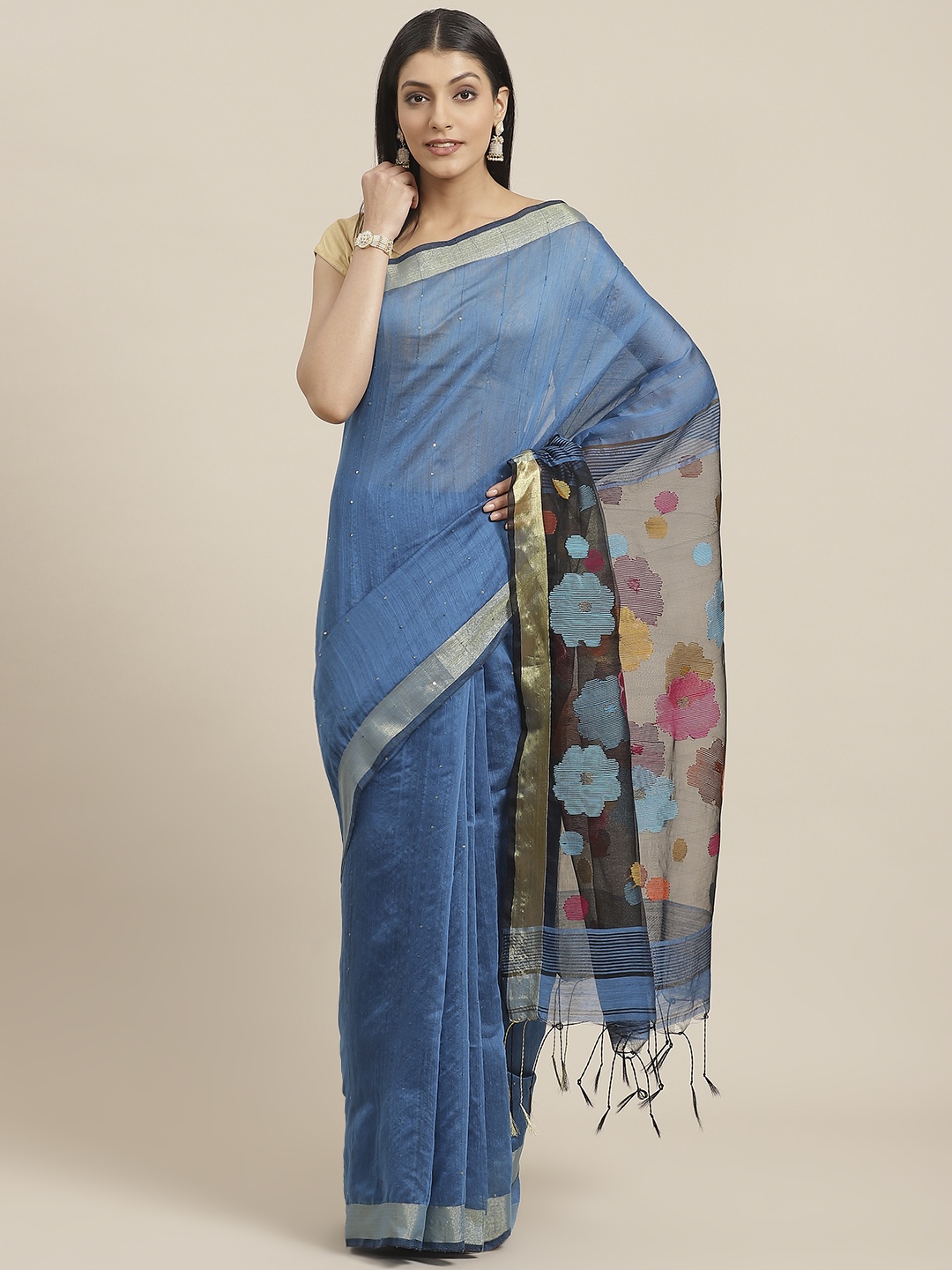 

swatika Blue Striped Handloom Murshidabad Silk Saree