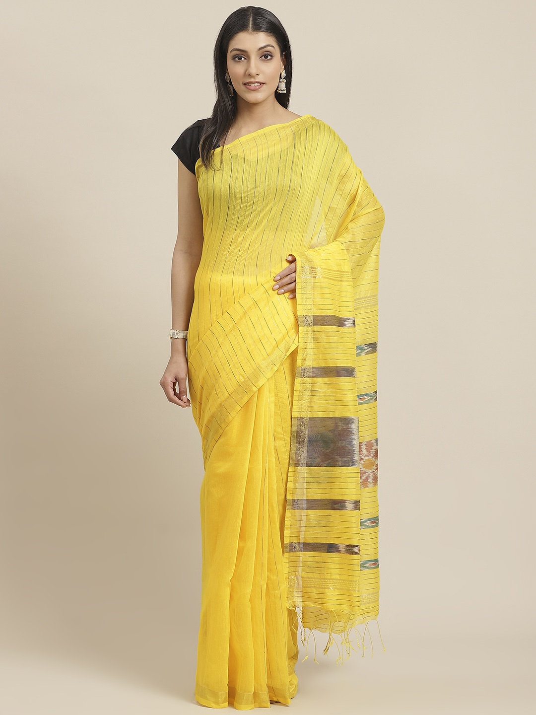 

swatika Yellow & Golden Self-Striped Handloom Ikat Saree