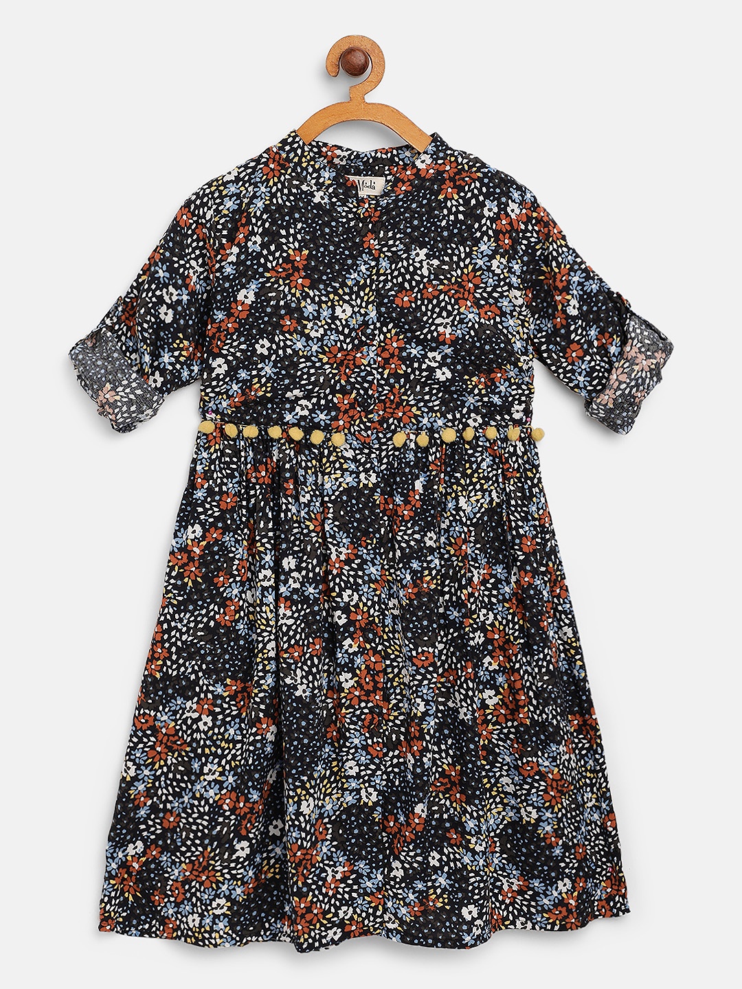 

Bella Moda Girls Navy & Rust Orange Floral Print A-Line Dress, Navy blue