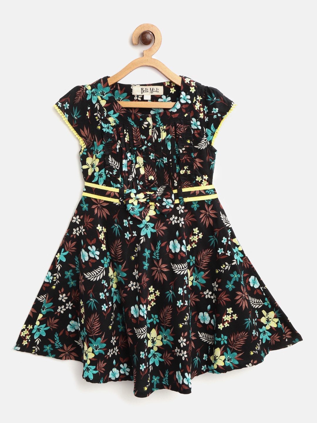 

Bella Moda Girls Black & Yellow Floral Print Fit and Flare Dress