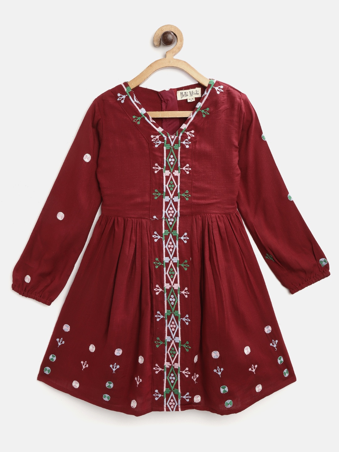 

Bella Moda Girls Maroon Embroidered Fit and Flare Dress