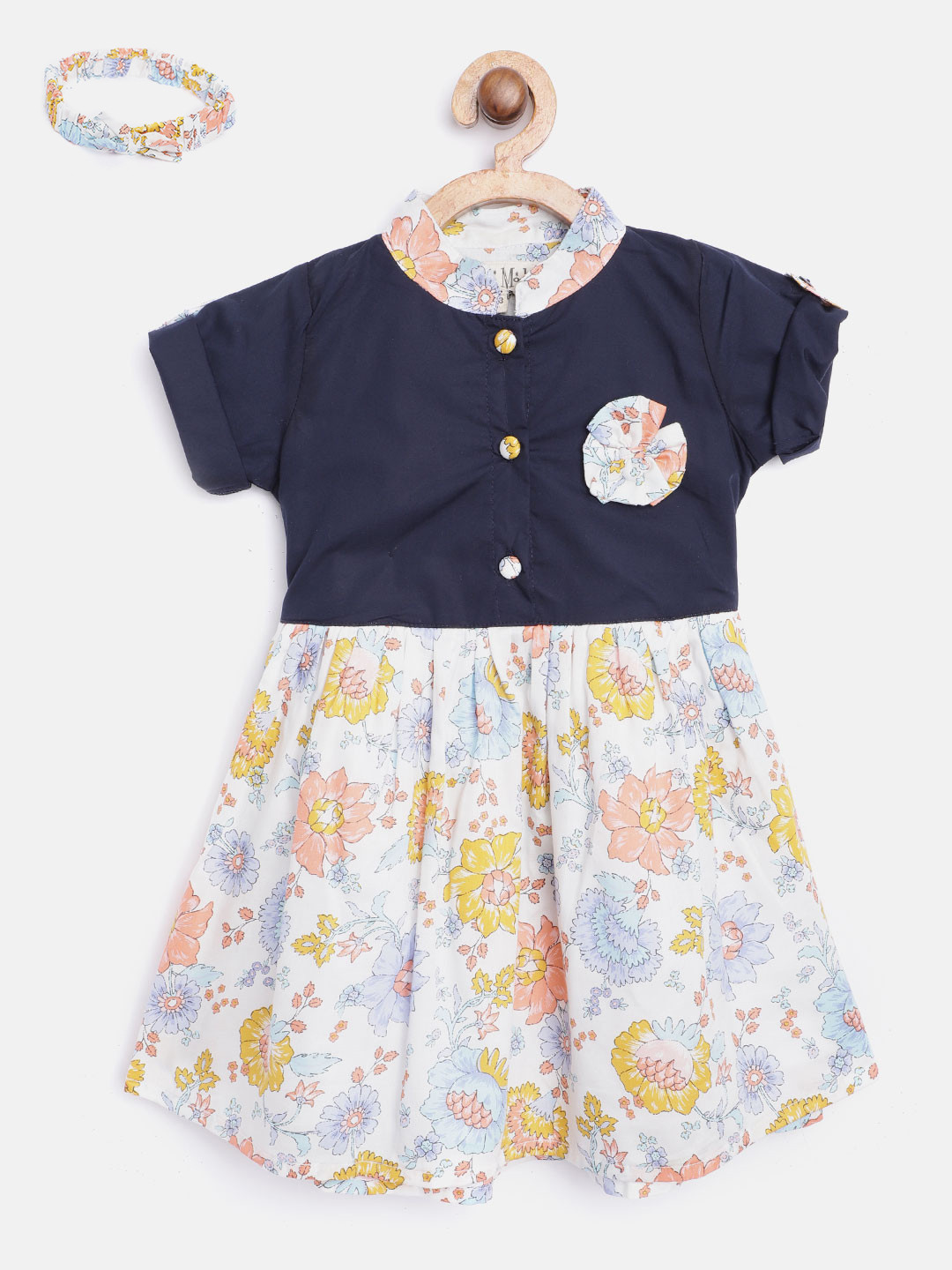 

Bella Moda Girls Navy Blue & White Colourblocked & Floral Print A-Line Dress