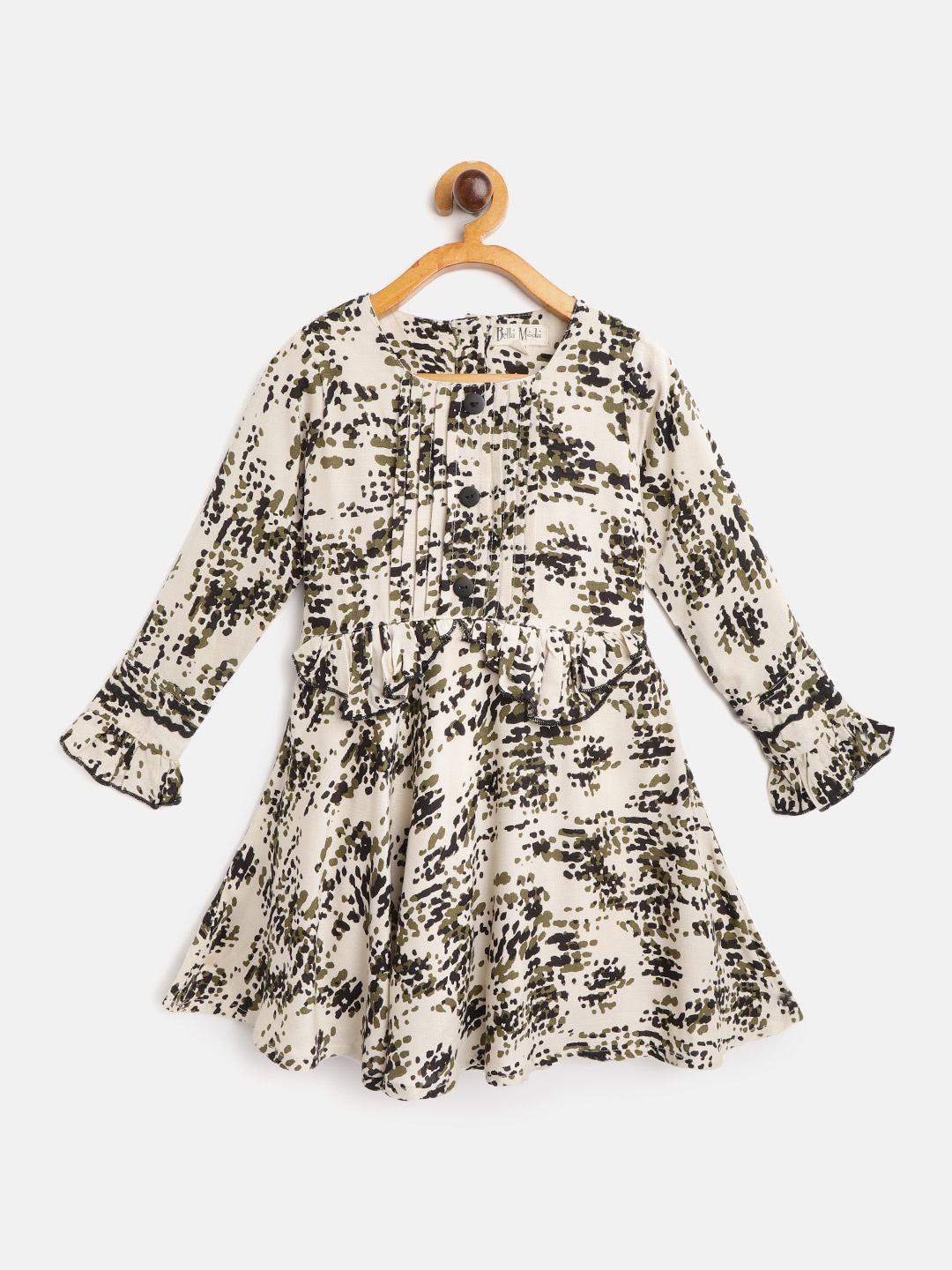 

Bella Moda Girls Cream-Coloured & Olive Green Abstract Print Ruffe A-Line Dress