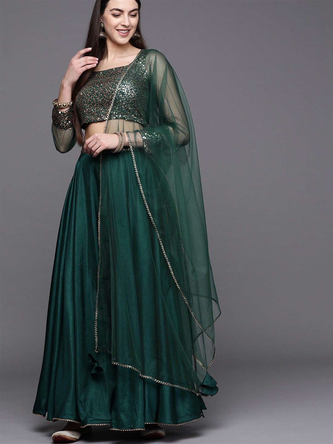 

Inddus Green Embellished Semi-Stitched Lehenga & Blouse with Dupatta