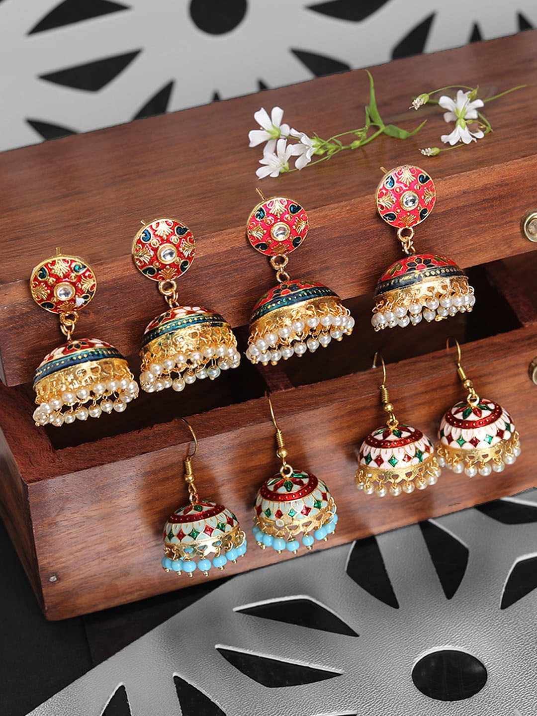 

Yellow Chimes 4 Pair Pink Gold-Plated Handcrafted Meenakari Dome Shaped Jhumkas