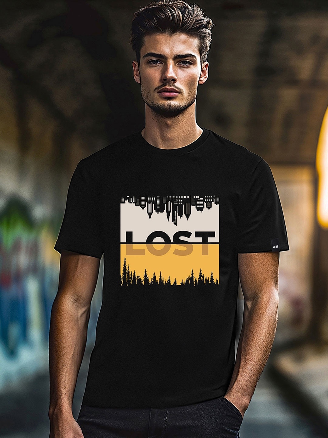 

Bewakoof Men Black Printed Round Neck Pure Cotton T-shirt