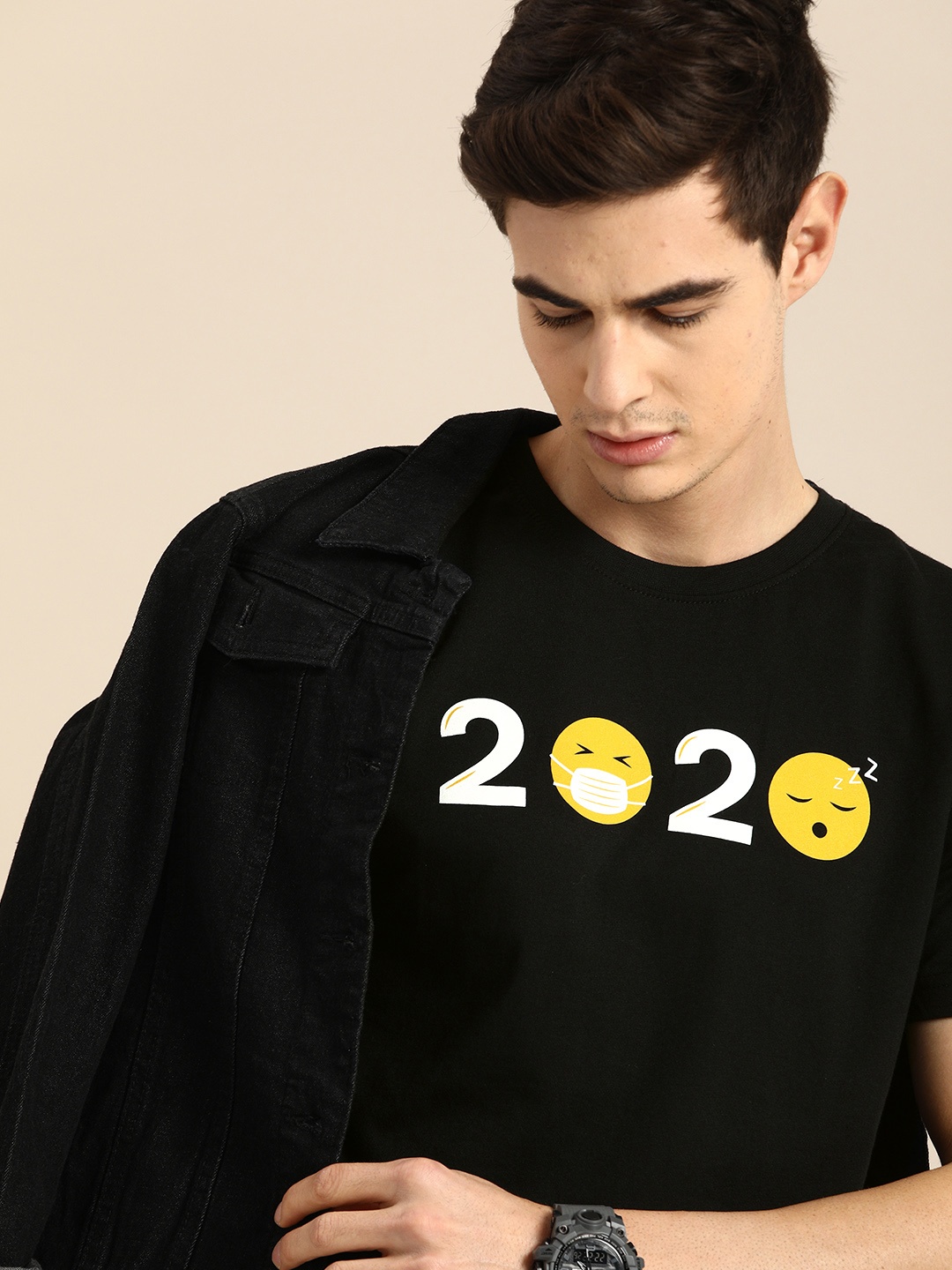 

Bewakoof Men Black Printed Round Neck Pure Cotton T-shirt