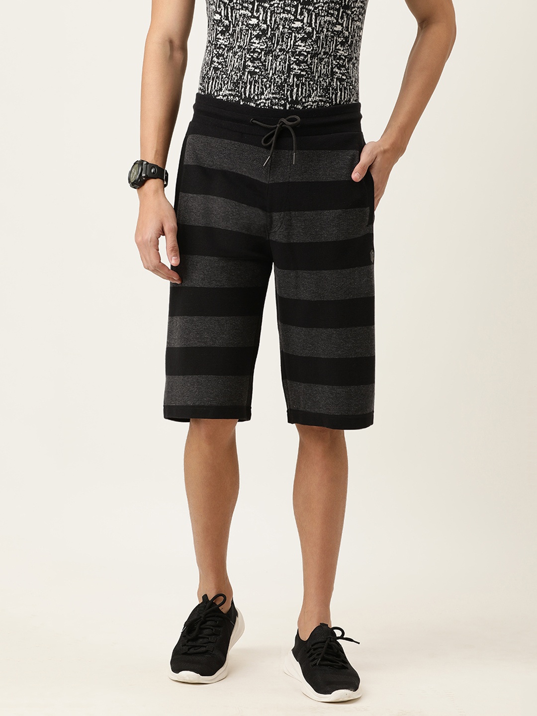 

Proline Active Men Black & Charcoal Grey Striped Slim Fit Sports Shorts