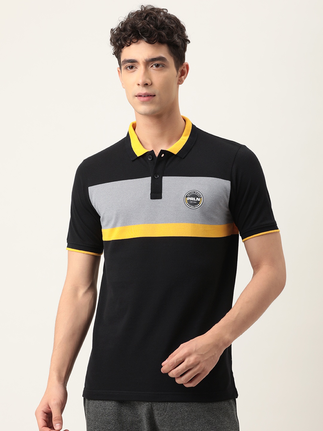 

Proline Active Men Black & Grey Colourblocked Polo Collar T-shirt