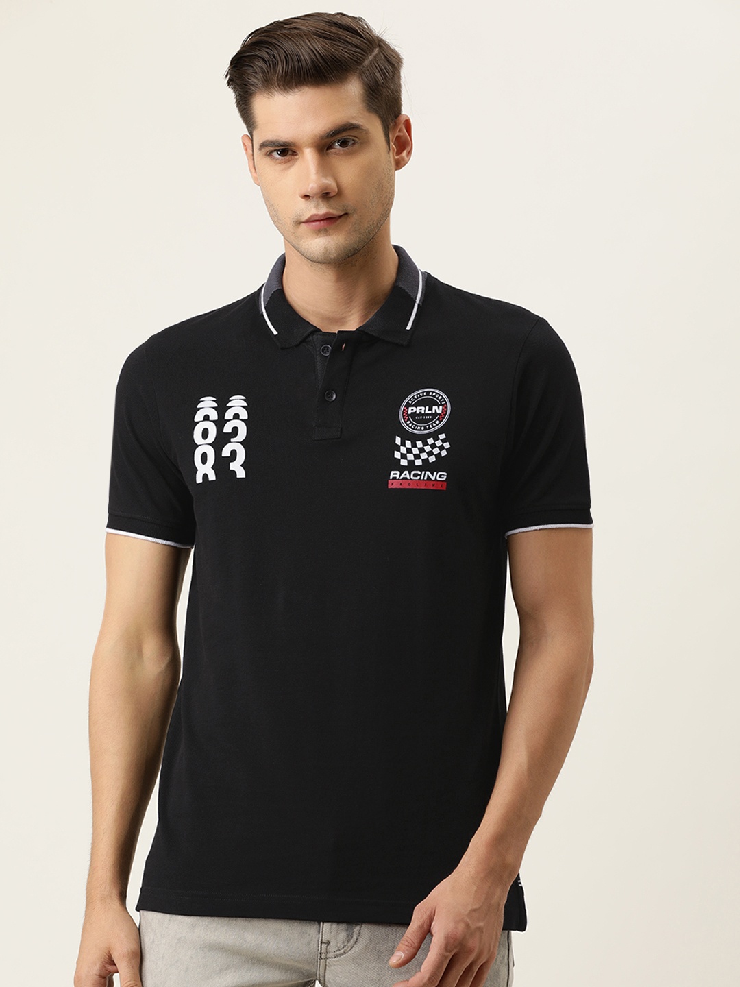 

Proline Active Men Black White Brand Logo Printed Polo Collar Slim Fit Pure Cotton T-shirt