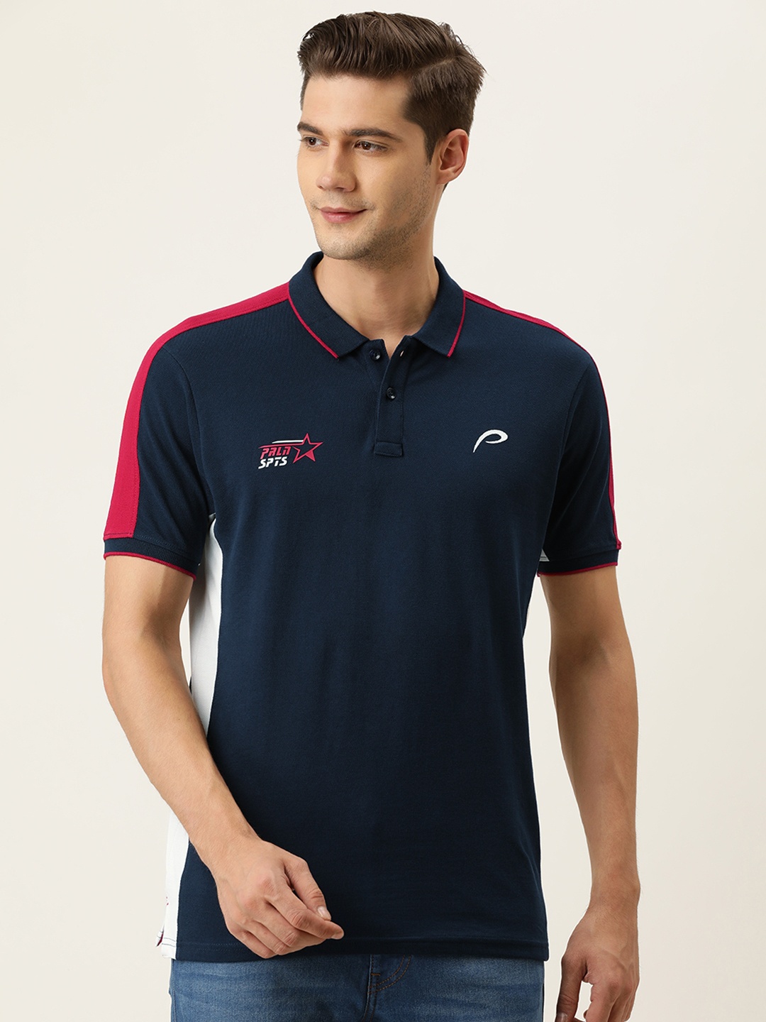 

Proline Active Men Navy Blue Comfort Fit Polo Collar Pure Cotton T-shirt with Contrast Panels