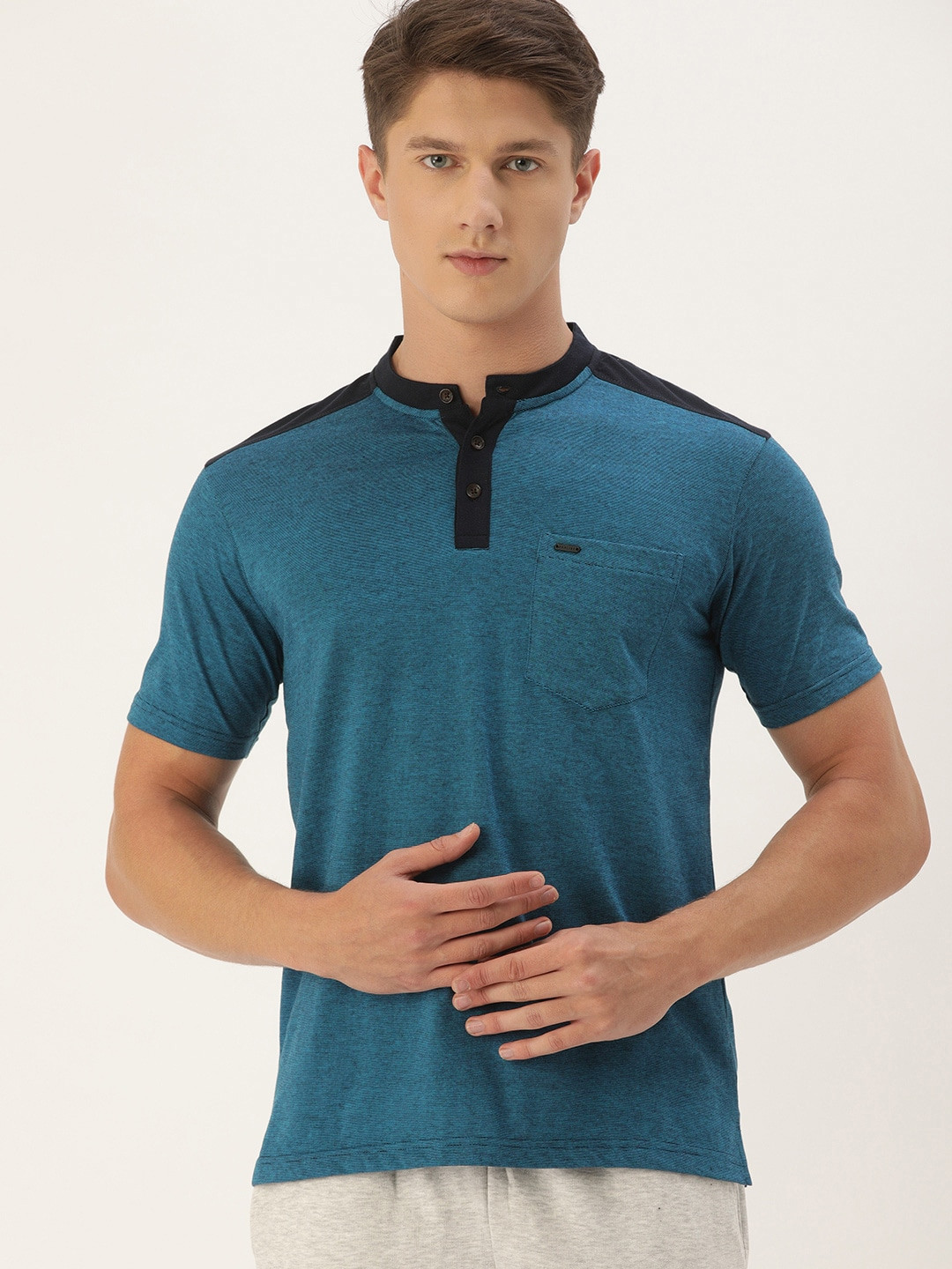 

Proline Active Men Teal Solid Mandarin Collar Pure Cotton T-shirt