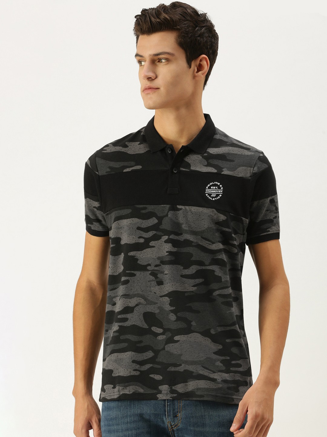 

Proline Active Men Black Grey Camouflage Printed Polo Collar Pure Cotton T-shirt