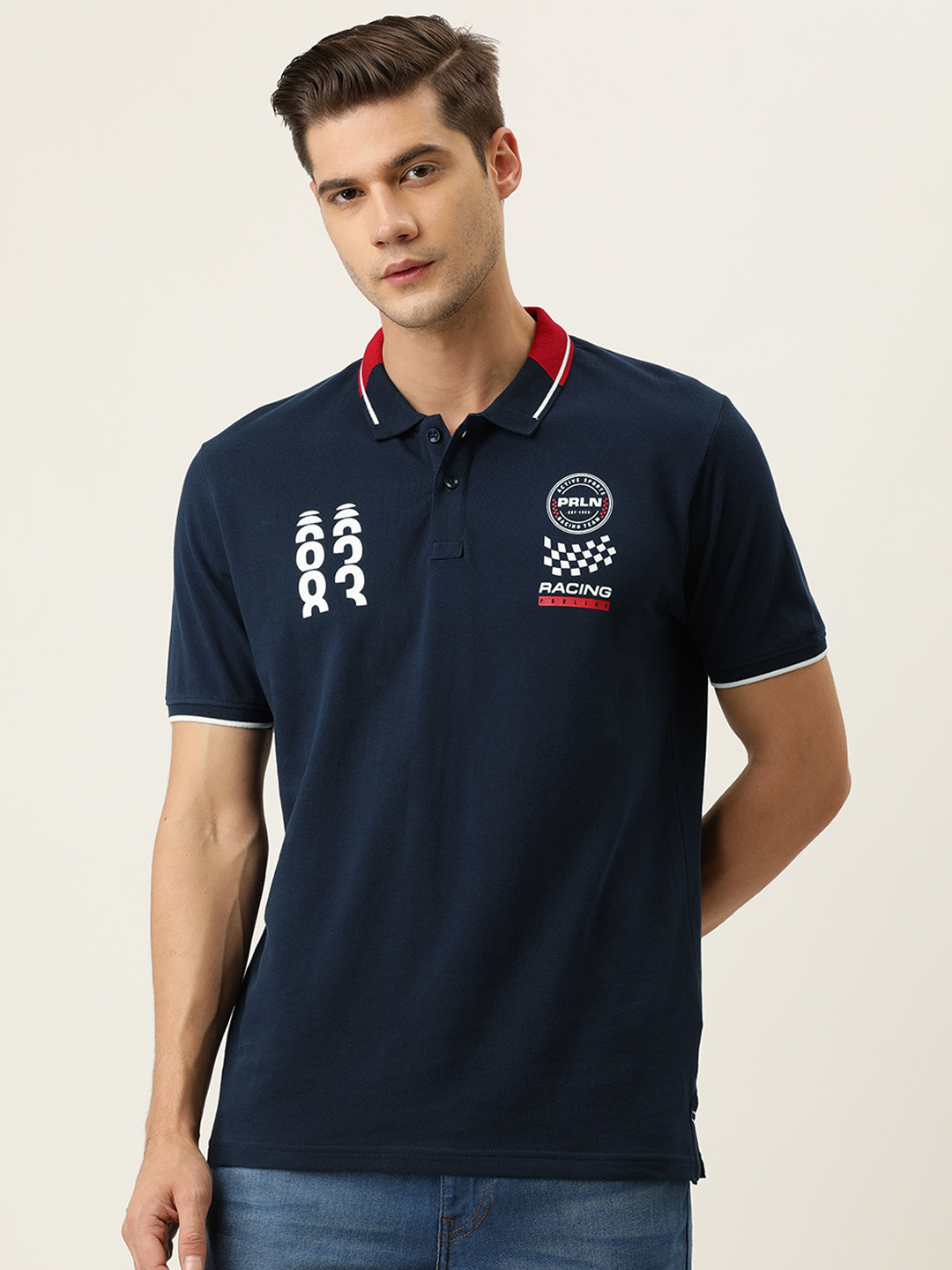 

Proline Active Men Navy Blue Comfort Fit Polo Collar Pure Cotton T-shirt with Printed Detail