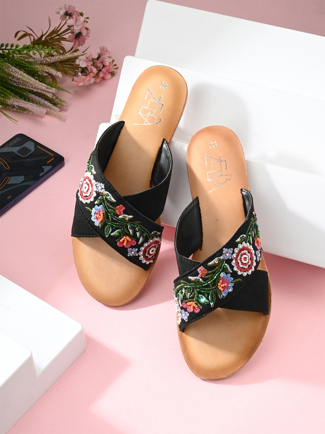 

Zebba Women Black Embellished PU Open Toe Flats