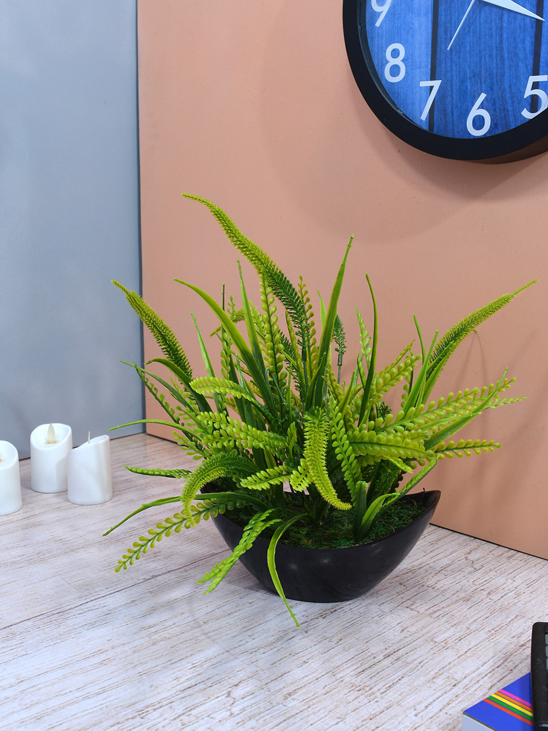 

fancy mart Green & Yellow Artificial Fox Tail Plant With Boat Pot