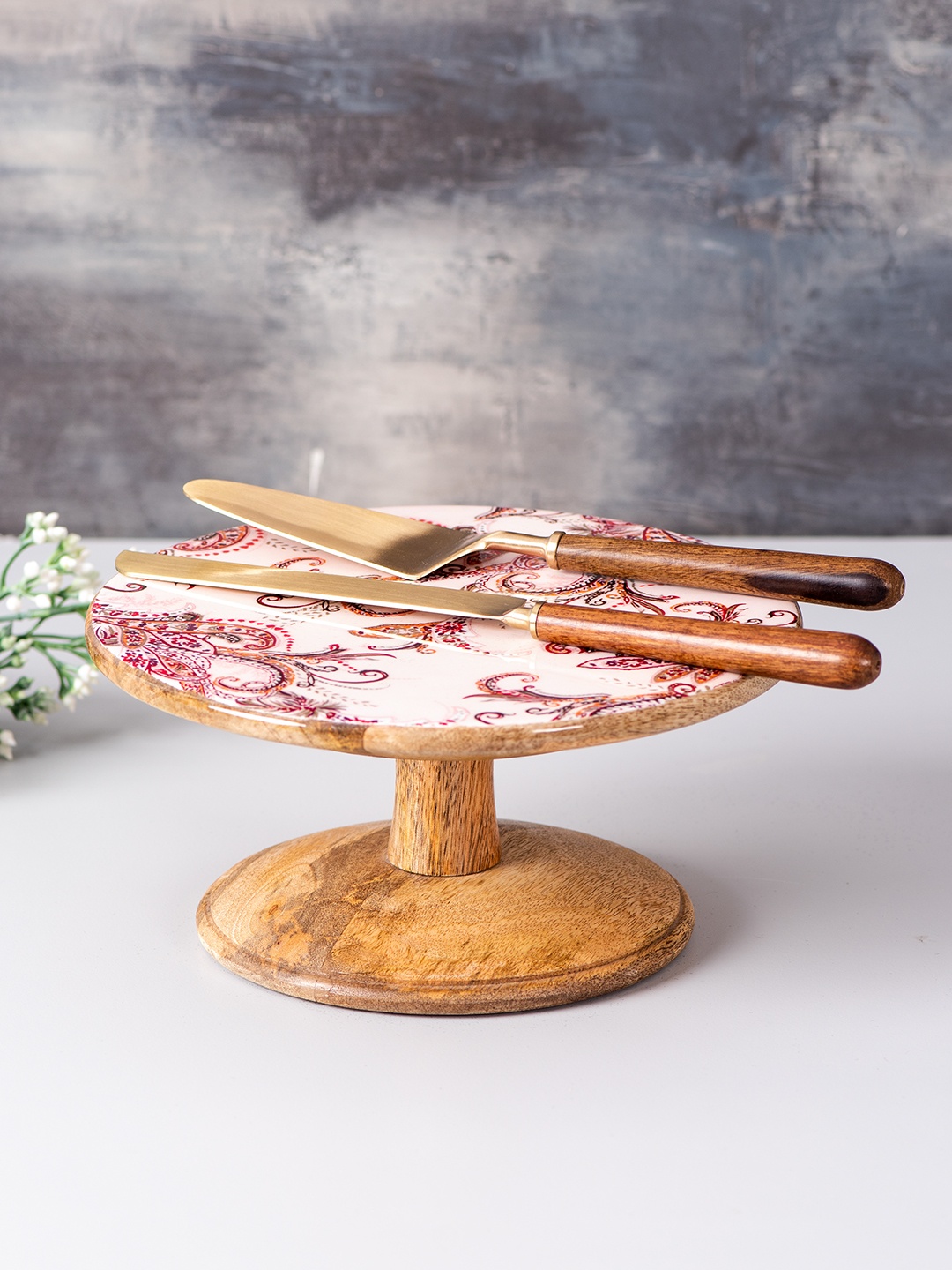 

nestroots Set of 4 Brown & Rose Pink Printed Cake Stand & Knife