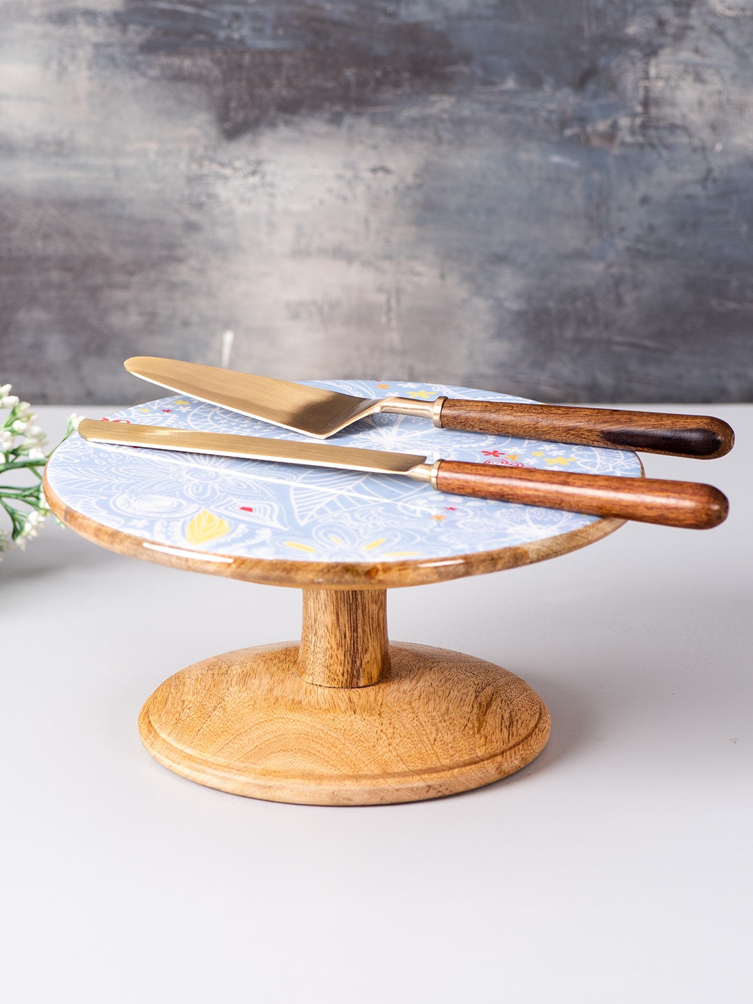

nestroots Set of 4 Brown & Blue Printed Cake Stand & Knife