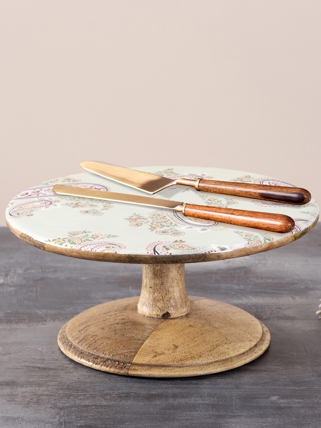 

nestroots Set of 4 Brown & Green Printed Cake Stand & Knife
