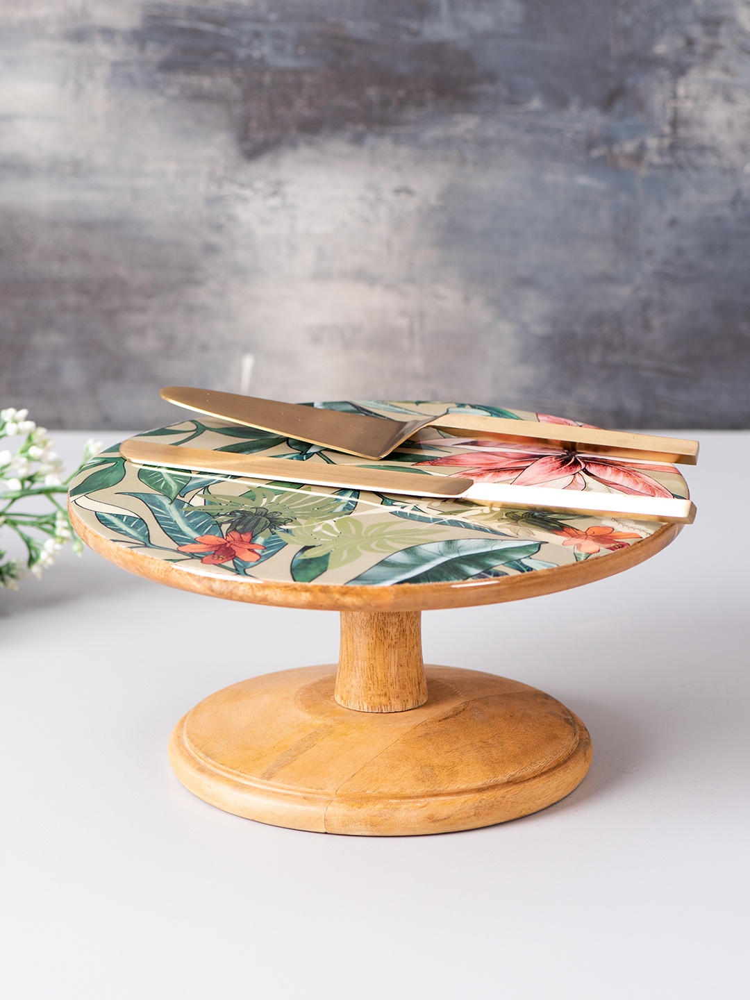

nestroots Set of 3 Brown & Green Printed Cake Stand & Knife