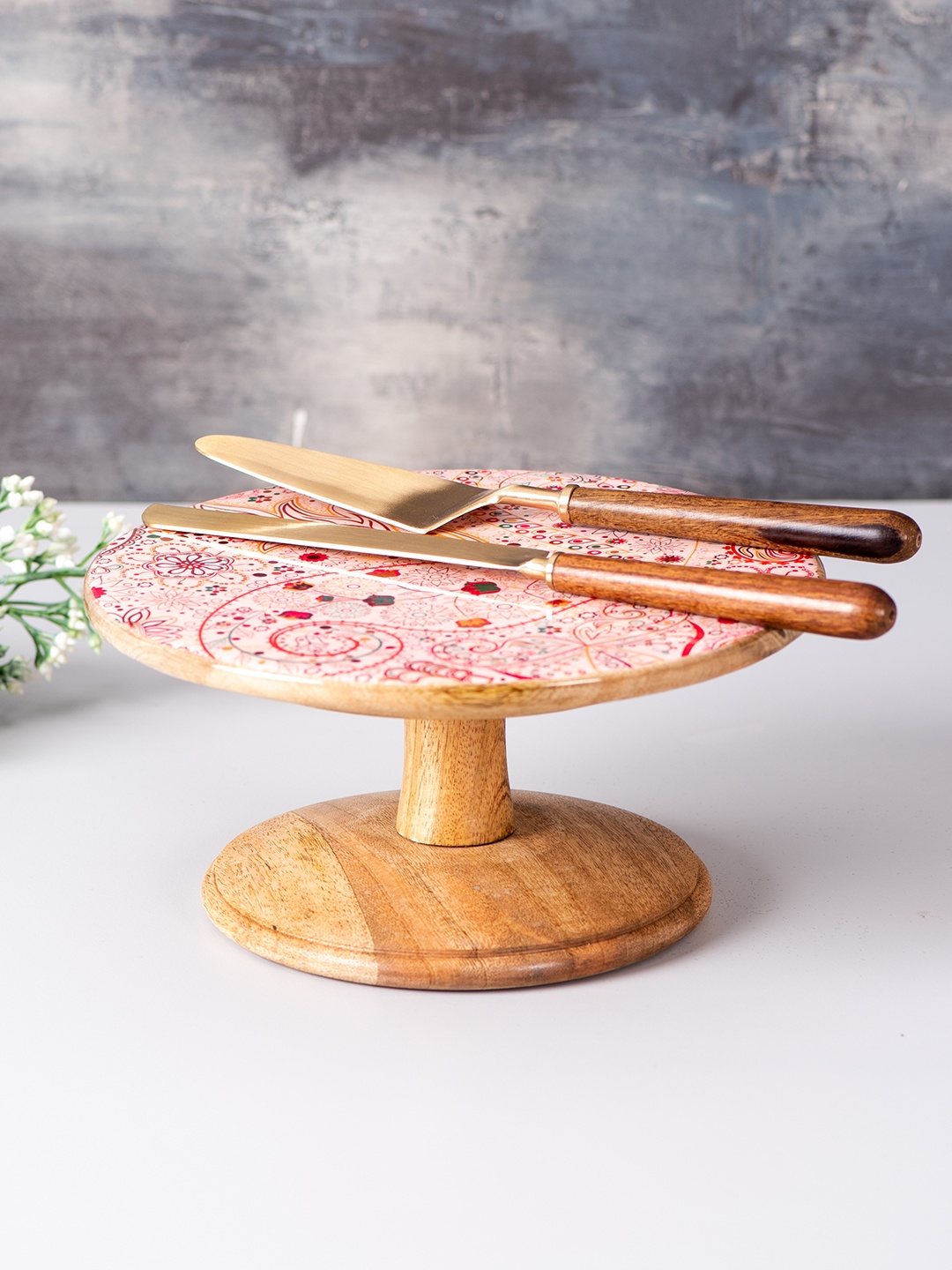 

nestroots White & Red Printed Wood & Stainless Steel Cake Stand Set