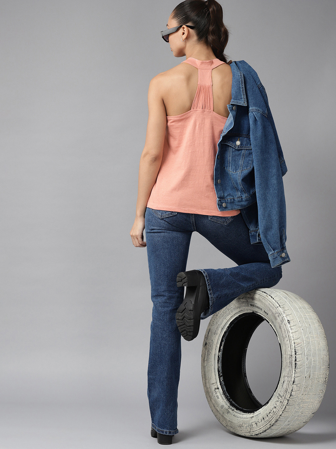 

Roadster Women Dusty Pink Coloured Pure Cotton Styled Back Top