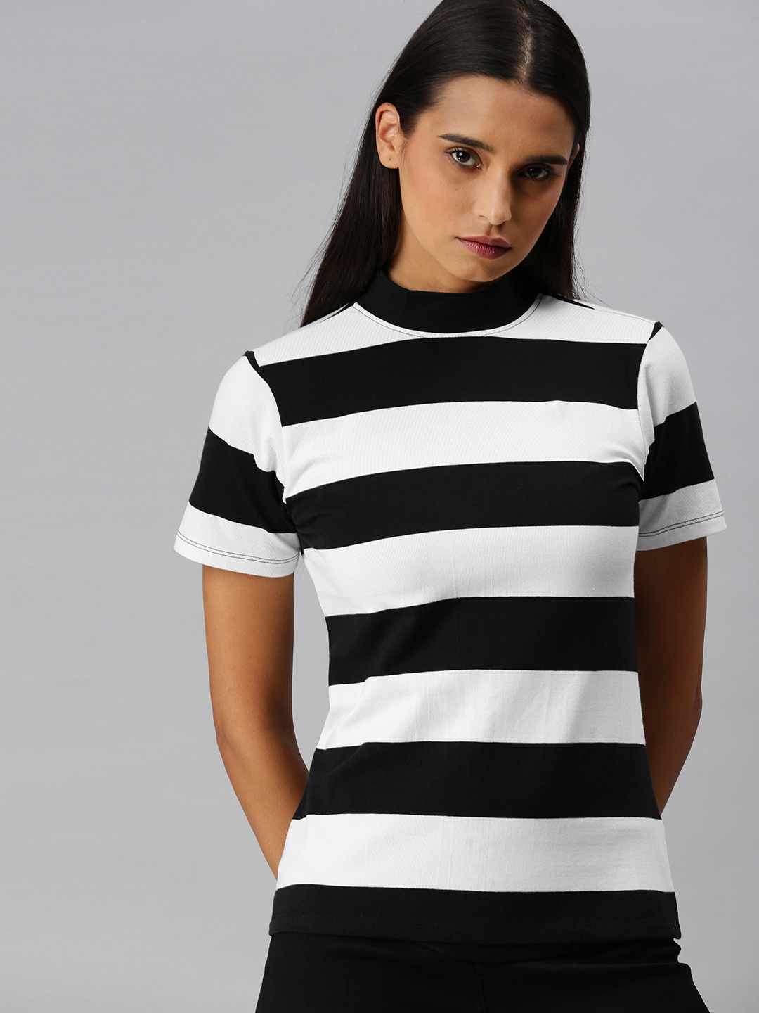

The Roadster Lifestyle Co Women Black & White Striped High Neck T-shirt