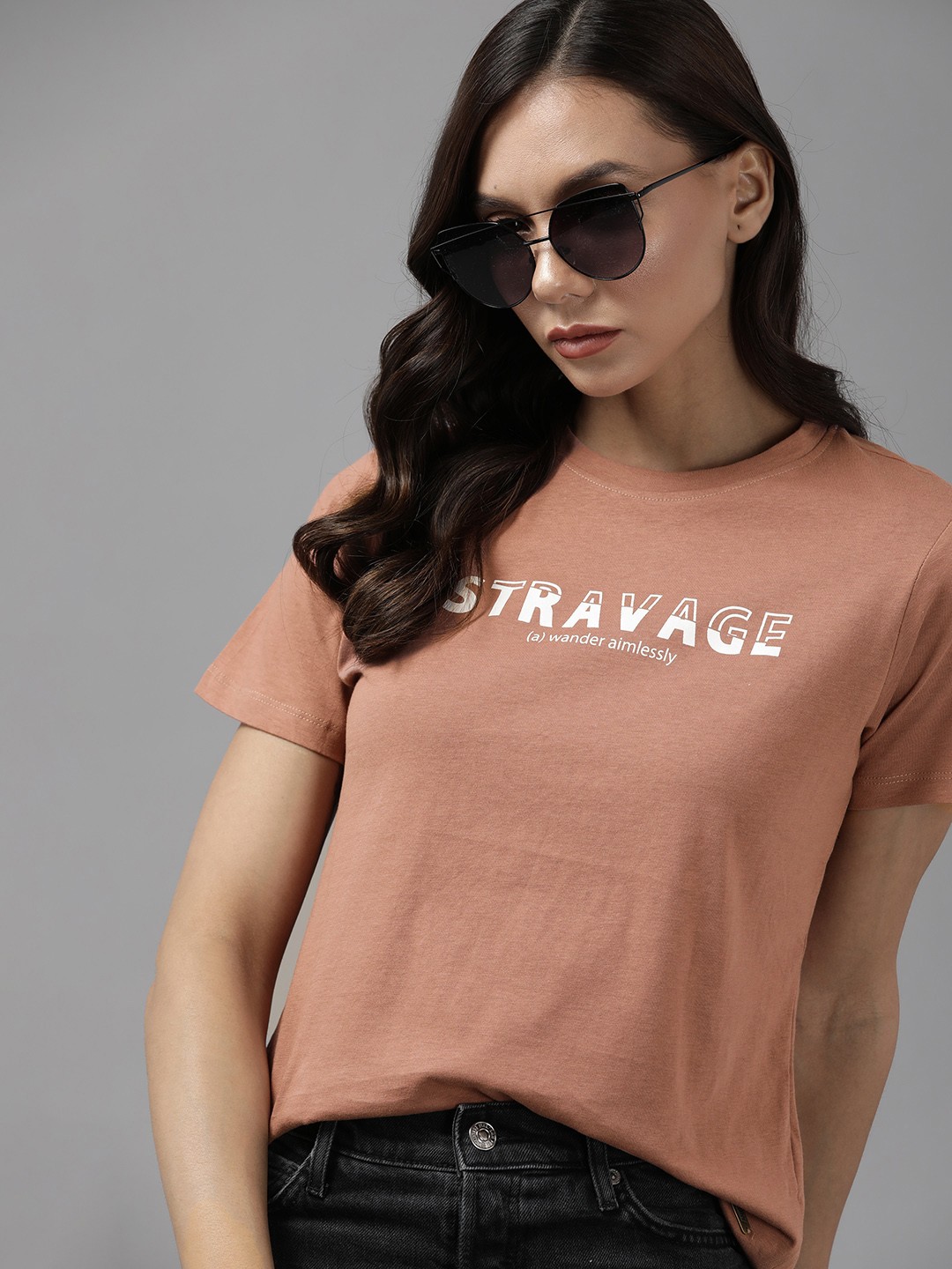 

Roadster Women Rust Brown & White Typography Printed Pure Cotton T-shirt