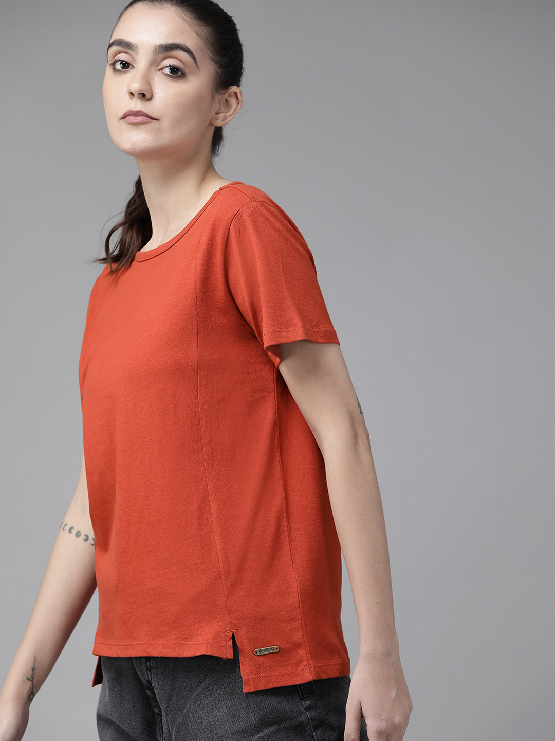

The Roadster Lifestyle Co Women Rust Orange Front Seam Drop-Shoulder Sleeves Pure Cotton T-shirt