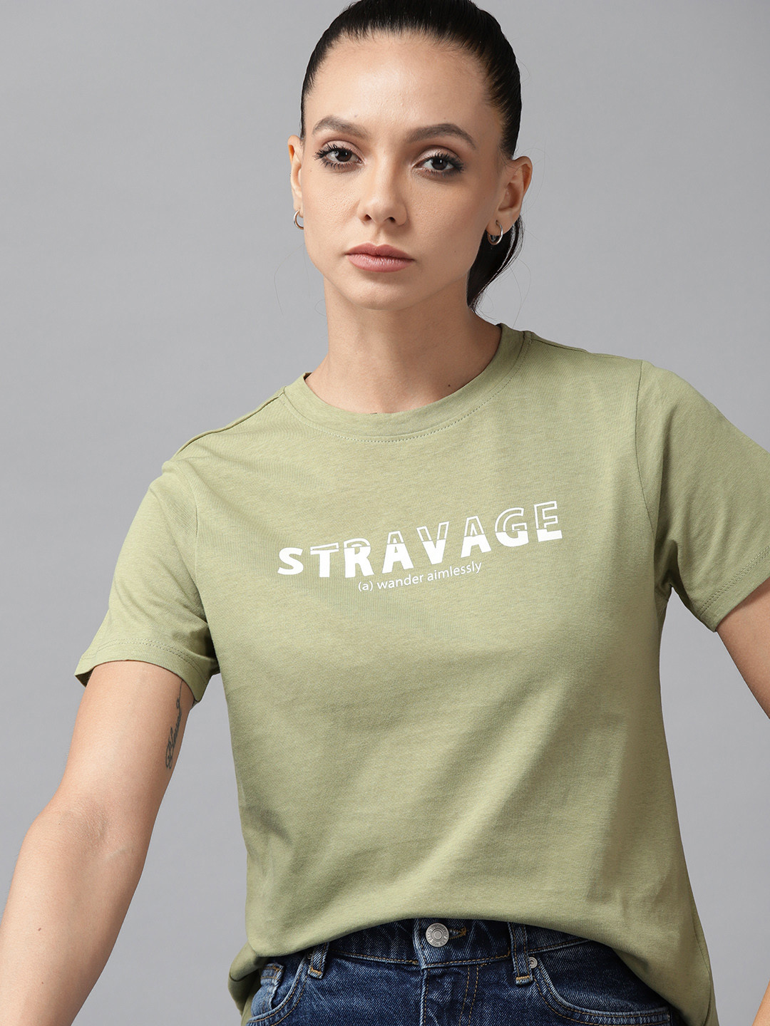 

Roadster Women Green Typography Printed Pure Cotton T-shirt