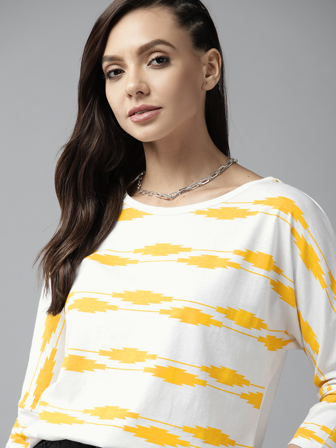 

Roadster Women White & Yellow Printed Drop-Shoulder Sleeves Pure Cotton T-shirt