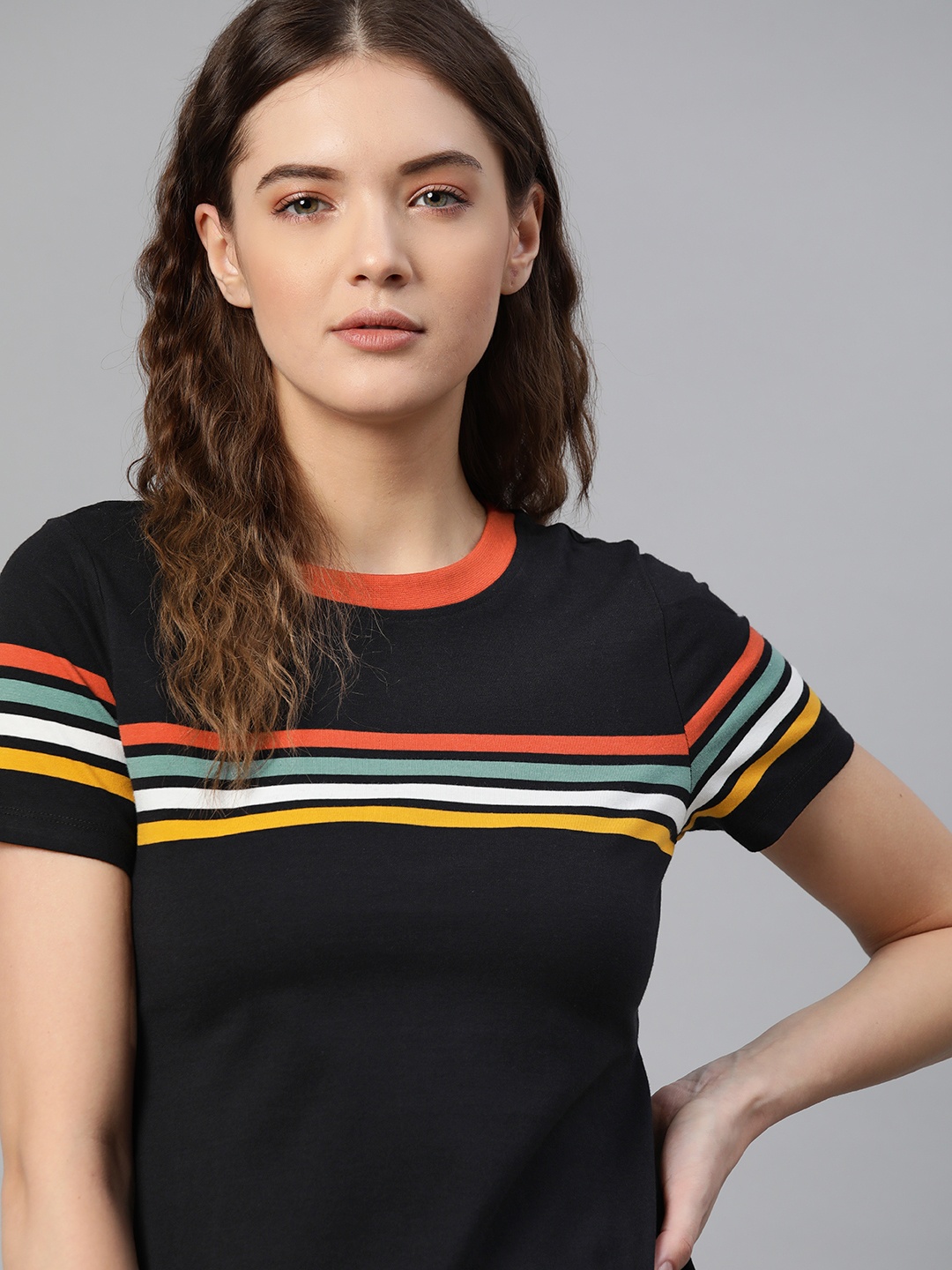 

The Roadster Lifestyle Co Women Black & White Striped T-shirt
