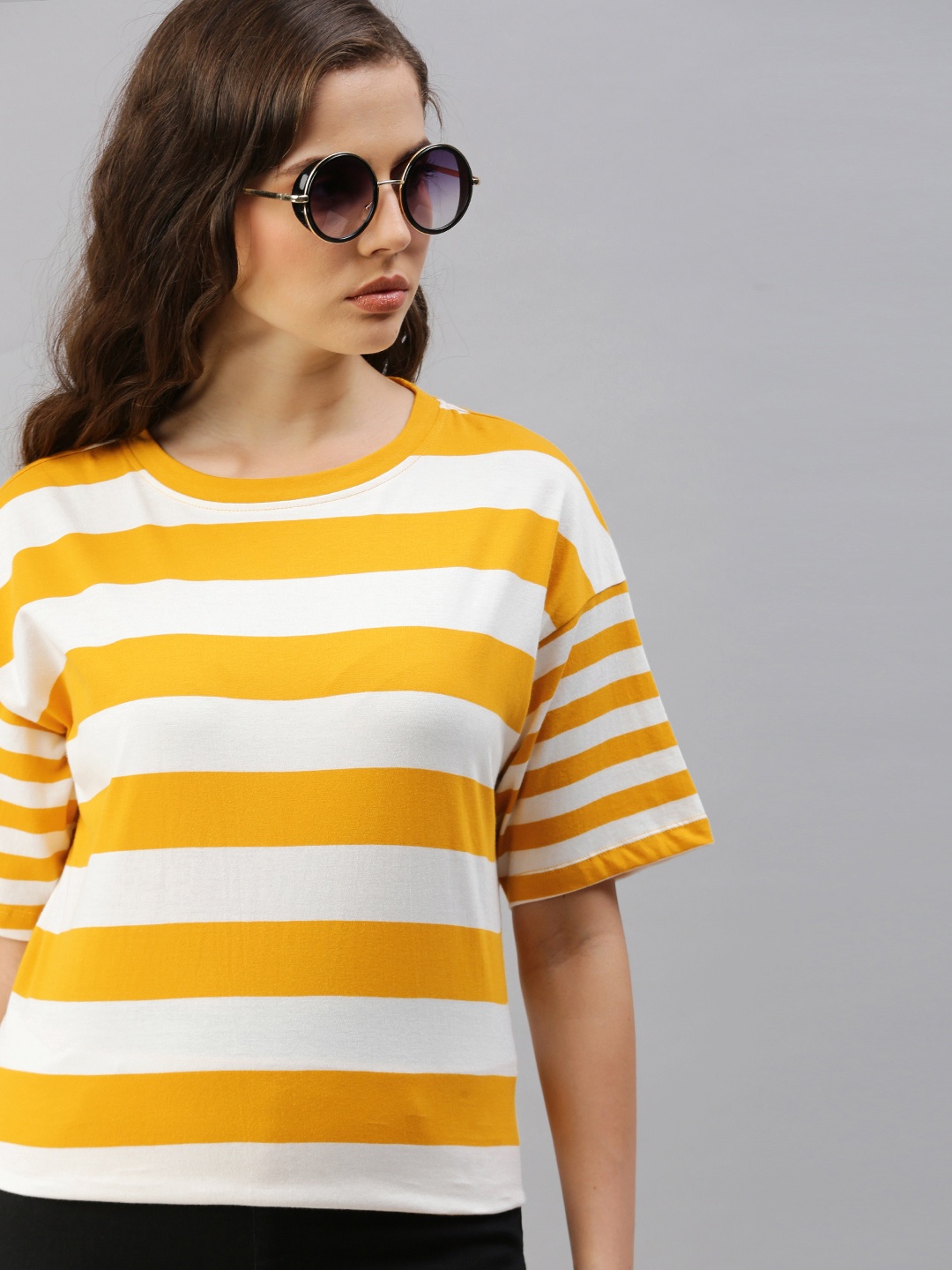 

The Roadster Lifestyle Co Women Gold Yellow Striped Round Neck Pure Cotton T-shirt