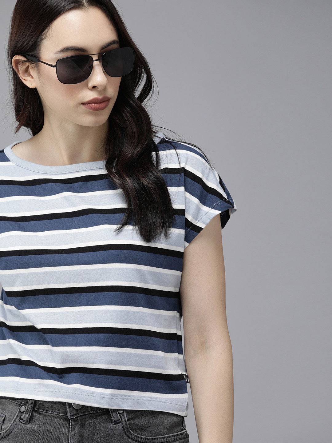 

The Roadster Lifestyle Co Women Blue Black Striped Extended Sleeves Boxy Pure Cotton T-shirt