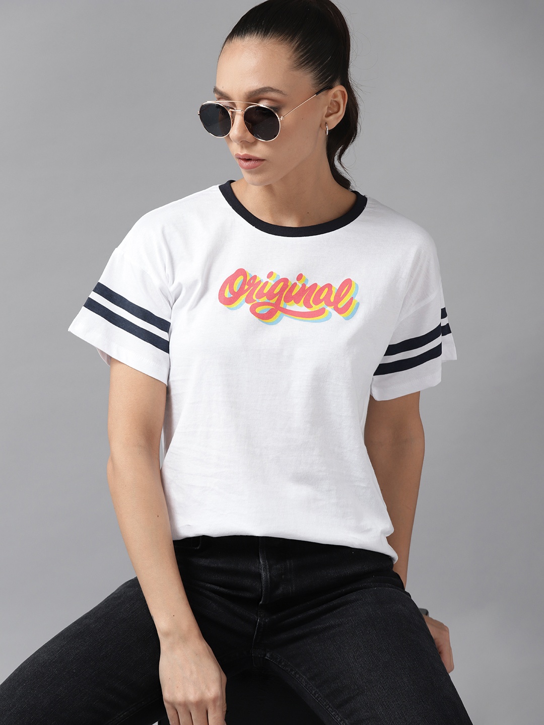 

Roadster Women White & Coral Orange Typography Printed Pure Cotton T-shirt