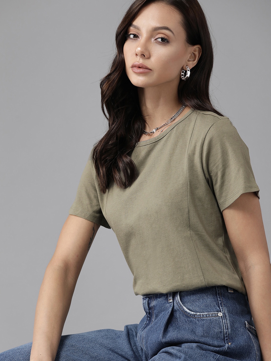 

Roadster Women Olive Green Pure Cotton T-shirt