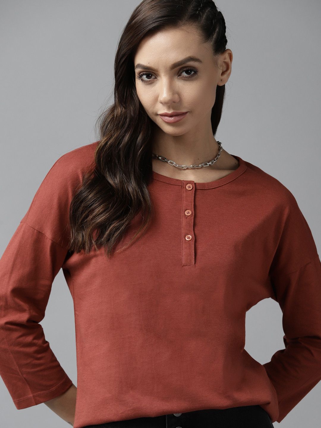 

Roadster Women Rust Brown Solid Pure Cotton T-shirt