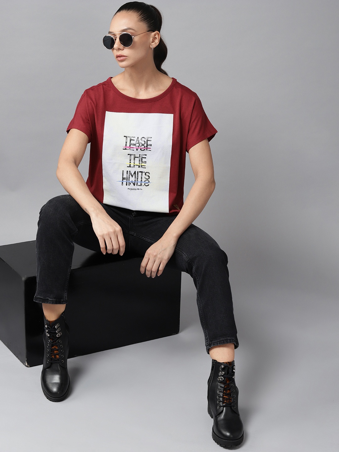 

Roadster Women Maroon & Black Twisted Typography Extended Sleeves Pure Cotton T-shirt