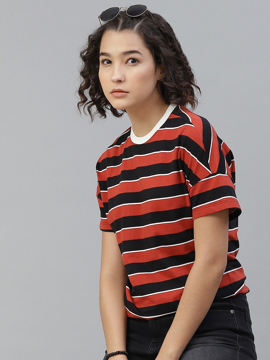

The Roadster Lifestyle Co Women Red Black Striped Round Neck Pure Cotton T-shirt