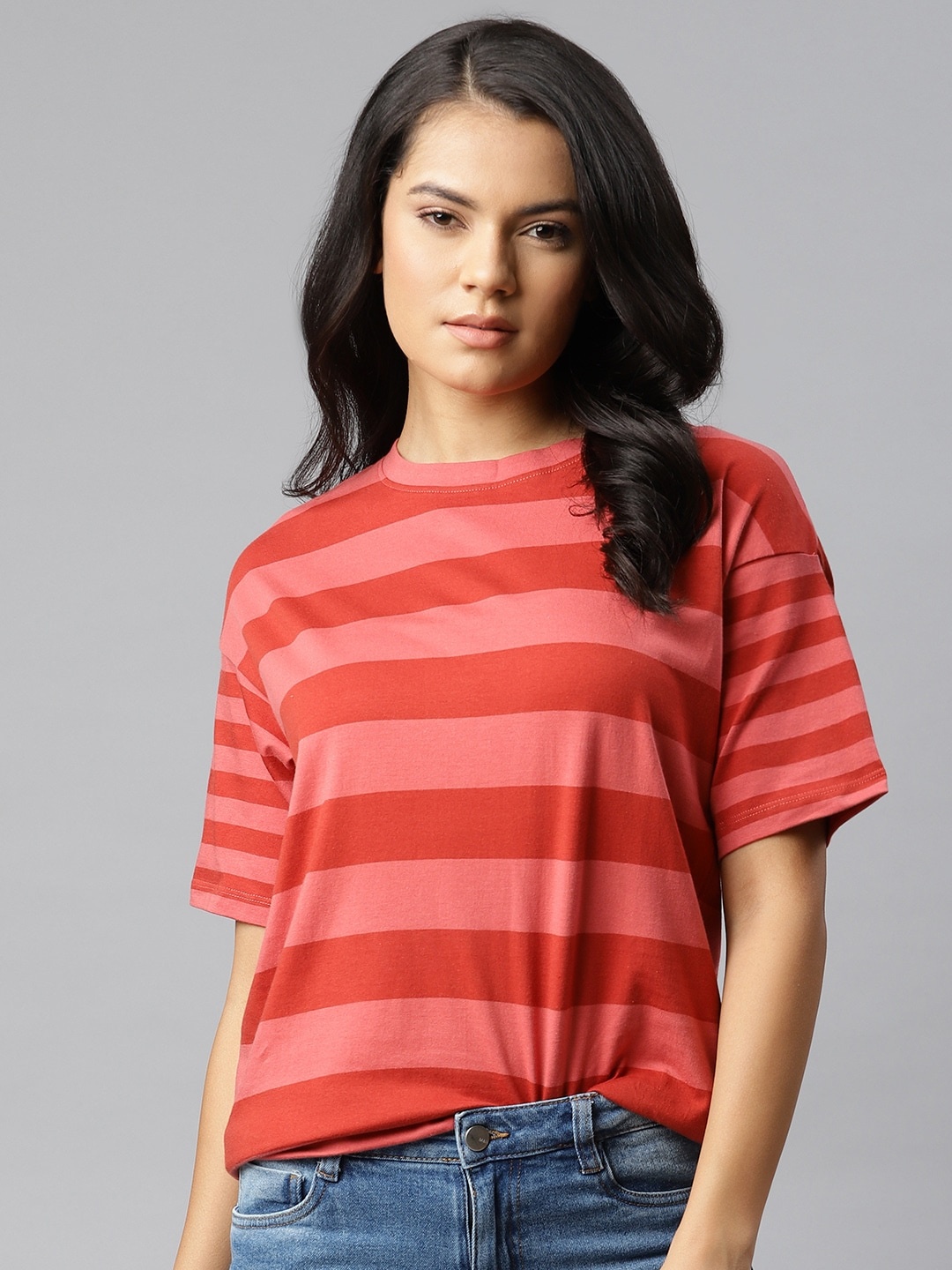 

The Roadster Lifestyle Co Women Red & Pink Striped Drop-Shoulder Sleeves Boxy T-shirt