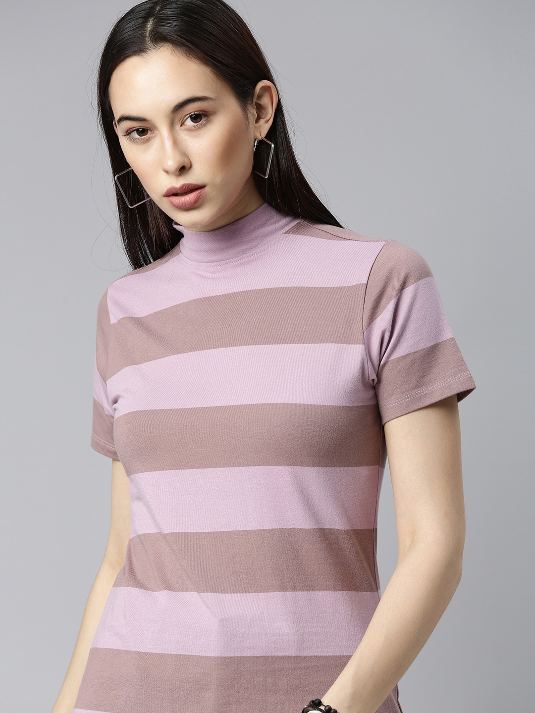 

The Roadster Lifestyle Co Women Pink Striped High Neck T-shirt